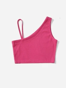 SHEIN Girls Asymmetrical Neck Solid Top - Hot Pink - View 2