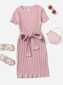 SHEIN Leap Crew Vestido de tricot de canalé de manga corta en unicolor elegante para niña preadolescente con cinturón de autoajuste en la cintura - Rosa vieja - Ver 1