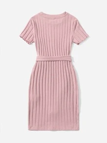 SHEIN Leap Crew Vestido de tricot de canalé de manga corta en unicolor elegante para niña preadolescente con cinturón de autoajuste en la cintura - Rosa vieja - Ver 2