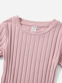 SHEIN Leap Crew Vestido de tricot de canalé de manga corta en unicolor elegante para niña preadolescente con cinturón de autoajuste en la cintura - Rosa vieja - Ver 3