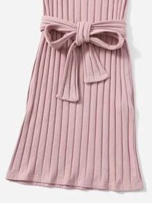 SHEIN Leap Crew Vestido de tricot de canalé de manga corta en unicolor elegante para niña preadolescente con cinturón de autoajuste en la cintura - Rosa vieja - Ver 4
