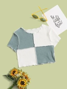 SHEIN Tween Girl Summer Casual Short Sleeve Double Color T-Shirt With Small Ruffles - Multicolor - View 1