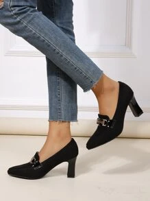 Metal Decor Point Toe Chunky Heeled Loafers - Black - View 1