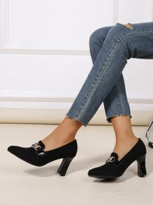 Metal Decor Point Toe Chunky Heeled Loafers - Black - View 2