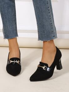 Metal Decor Point Toe Chunky Heeled Loafers - Black - View 4