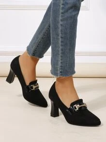 Metal Decor Point Toe Chunky Heeled Loafers - Black - View 5