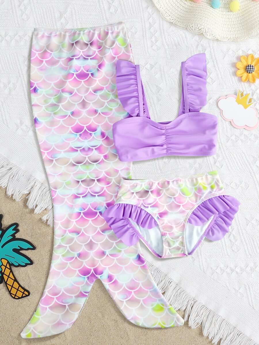 Young Girl 3pcs Fish Scale Print Ruched Ruffle Trim Mermaid Tail Set - Lilac Purple - View 1