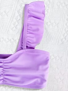 Young Girl 3pcs Fish Scale Print Ruched Ruffle Trim Mermaid Tail Set - Lilac Purple - View 3