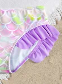 Young Girl 3pcs Fish Scale Print Ruched Ruffle Trim Mermaid Tail Set - Lilac Purple - View 5