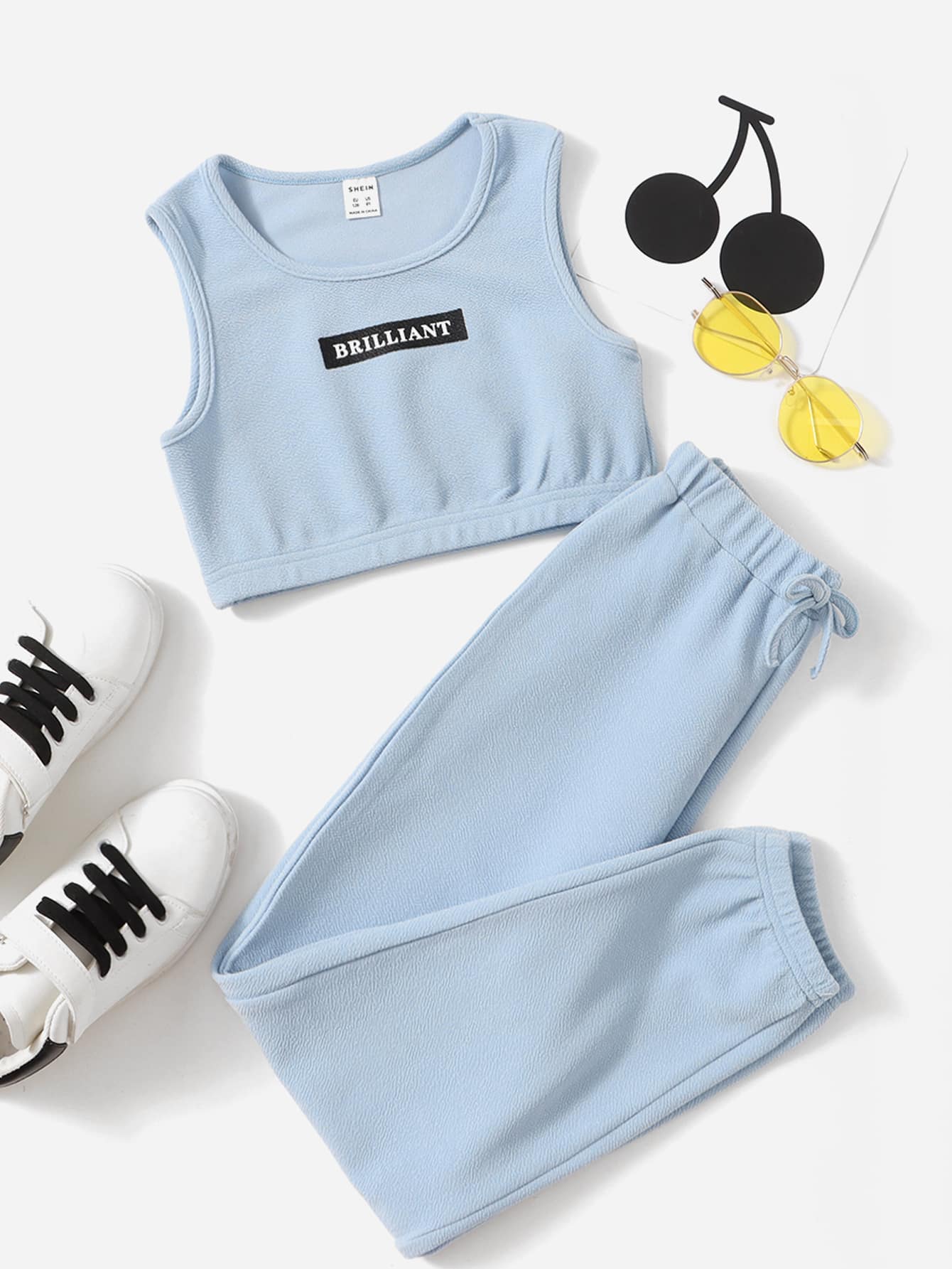 SHEIN Girls Letter Graphic Tank Top & Joggers - Baby Blue - View 1