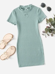 SHEIN Tween Girl Heart Cut Out Frill Trim Rib-Knit Dress - Mint Green - View 1