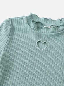 SHEIN Tween Girl Heart Cut Out Frill Trim Rib-Knit Dress - Mint Green - View 3