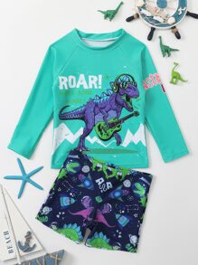 Young Boy Cartoon Dinosaur Print Swimsuit - Green - View 1