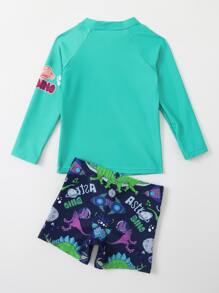 Young Boy Cartoon Dinosaur Print Swimsuit - Green - View 2
