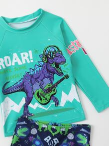 Young Boy Cartoon Dinosaur Print Swimsuit - Green - View 4