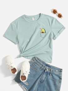 SHEIN 2pcs Sunshine Cute Tween Girls' Rolled Sleeve Cartoon Pattern T-Shirt - Mint Green - View 1