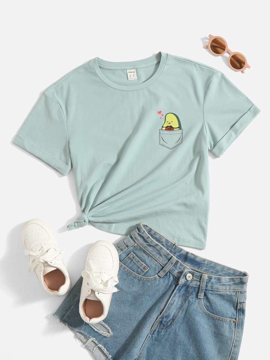 SHEIN 2pcs Sunshine Cute Tween Girls' Rolled Sleeve Cartoon Pattern T-Shirt - Mint Green - View 1