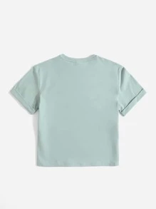 SHEIN 2pcs Sunshine Cute Tween Girls' Rolled Sleeve Cartoon Pattern T-Shirt - Mint Green - View 2