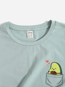 SHEIN 2pcs Sunshine Cute Tween Girls' Rolled Sleeve Cartoon Pattern T-Shirt - Mint Green - View 3