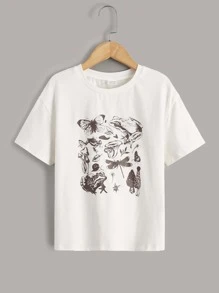 SHEIN 女孩蝴蝶和蘑菇圖案T恤 - 白色 - 查看 1