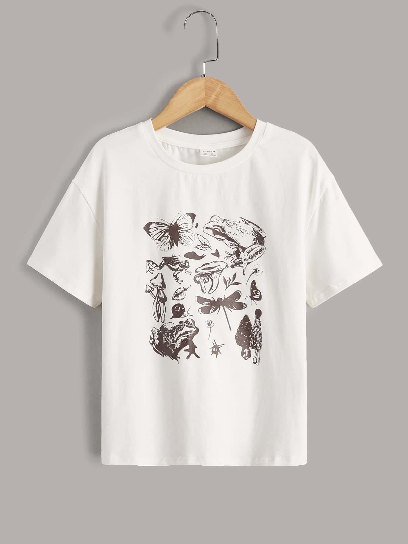 SHEIN 女孩蝴蝶和蘑菇圖案T恤 - 白色 - 查看 1