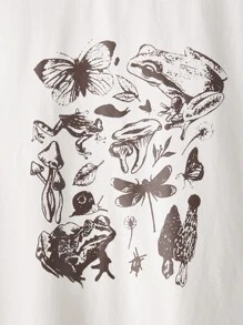 SHEIN 女孩蝴蝶和蘑菇圖案T恤 - 白色 - 查看 3
