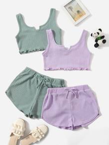 SHEIN 女孩缺口V領2背心上衣和2短褲套裝 - 彩色 - 查看 1