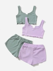 SHEIN 女孩缺口V領2背心上衣和2短褲套裝 - 彩色 - 查看 2