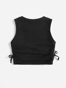 SHEIN Leap Crew Elegante top de niña tween sin mangas de color sólido con cuello redondo, detalle plisado y lazo lateral - Negro - Ver 2