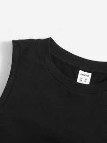 SHEIN Leap Crew Elegante top de niña tween sin mangas de color sólido con cuello redondo, detalle plisado y lazo lateral - Negro - Ver 3