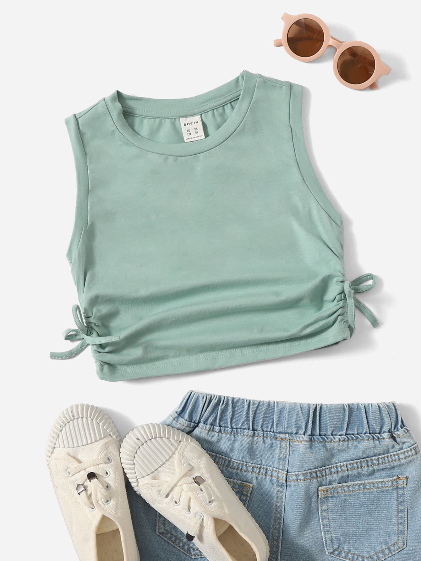 SHEIN Tween Girl Ruched Knot Side Tank Top - Mint Green - View 1