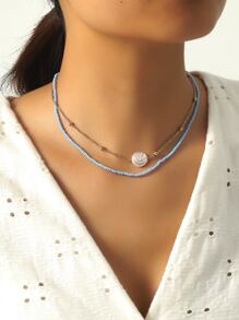 人造珍珠裝飾分層項鍊 - 彩色 - 查看 2