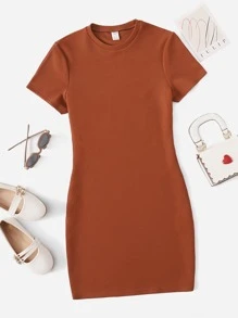 SHEIN Teen Girls Solid Round Neck Dress - Burnt Orange - View 1