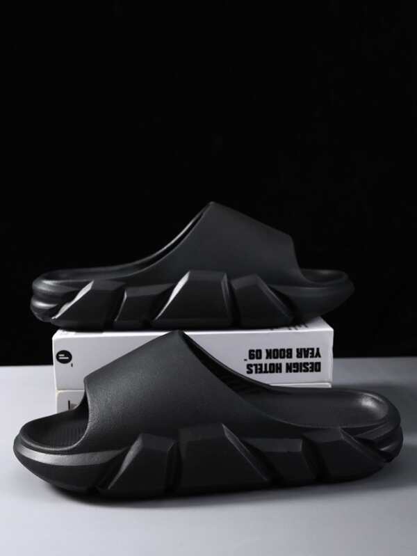 Men Black Minimalist Slides, Open Toe Bathroom Slippers