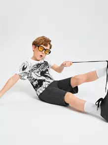 SHEIN 男孩彈性腰帶百慕大牛仔短褲 - 黑色 - 查看 1