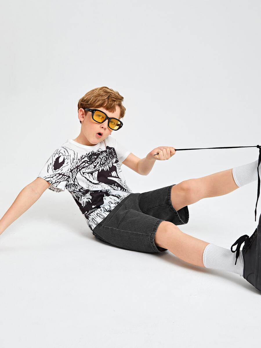 SHEIN 男孩彈性腰帶百慕大牛仔短褲 - 黑色 - 查看 1