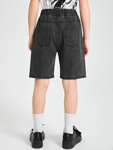 SHEIN 男孩彈性腰帶百慕大牛仔短褲 - 黑色 - 查看 2