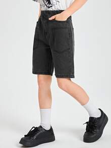SHEIN 男孩彈性腰帶百慕大牛仔短褲 - 黑色 - 查看 4