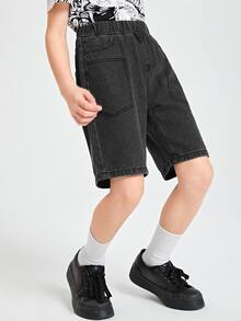 SHEIN 男孩彈性腰帶百慕大牛仔短褲 - 黑色 - 查看 5