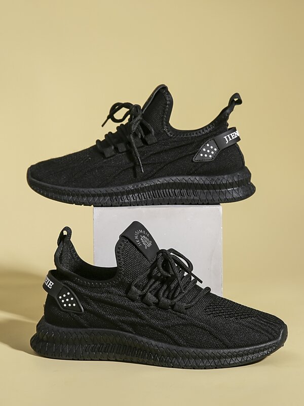 Lace-up Front Running Shoes, Black Sports Lace-up Monochrome Running Shoes