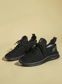 Lace-up Front Running Shoes, Black Sports Lace-up Monochrome Running Shoes