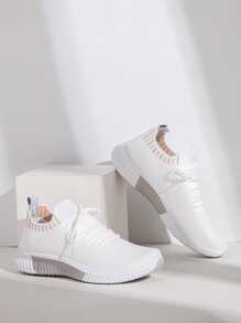 春秋季女士时尚编织运动鞋，适合路跑和运动，休闲系带白鞋，适合搭配连帽衫 - 白色 - 查看 2