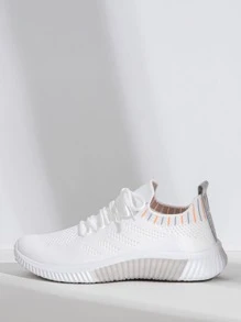 春秋季女士时尚编织运动鞋，适合路跑和运动，休闲系带白鞋，适合搭配连帽衫 - 白色 - 查看 4