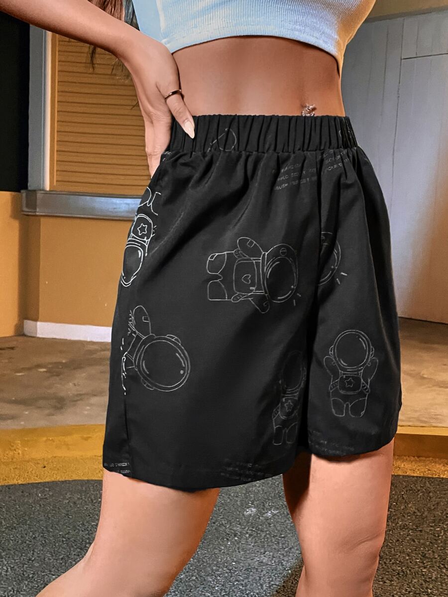 Shorts con estampado de dibujos animados y slogan - Negro - Ver 1