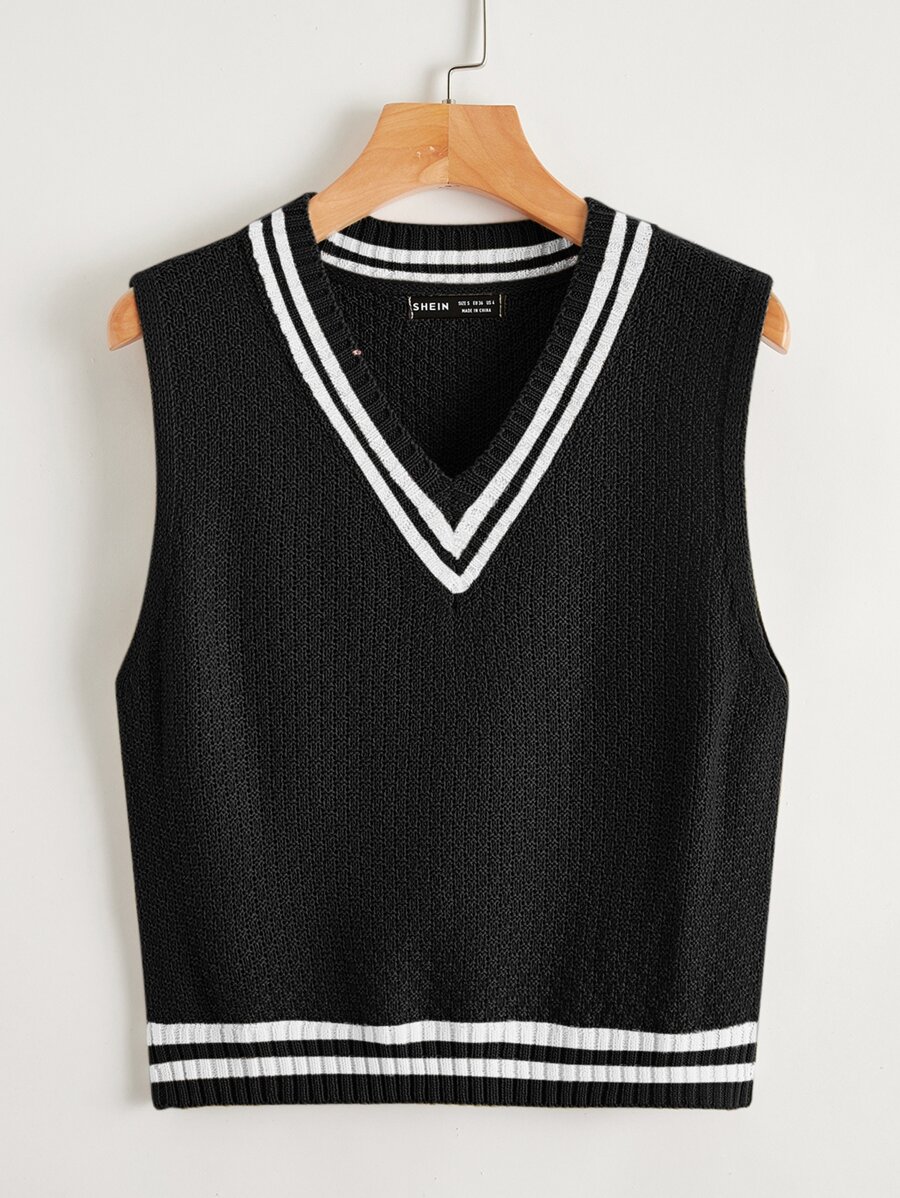 SHEIN Qutie áo đan kích thước lớn Sọc Giải trí - màu đen - Xem 1