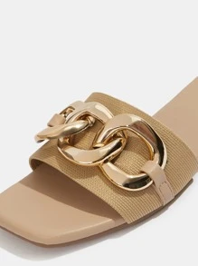 CUCCOO BASICS Cool Outdoors Flat Slippers For Woman Shoes, Chain Decor Plain Fabric Open Toe Slide Sandals For Spring And Summer - Apricot - View 3