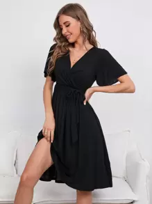 Surplice Neck Butterfly Sleeve Belted Dress - Black - View 1