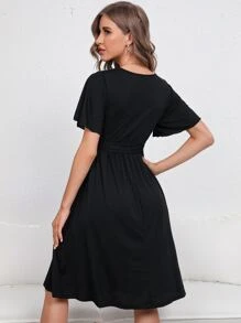 Surplice Neck Butterfly Sleeve Belted Dress - Black - View 2