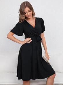 Surplice Neck Butterfly Sleeve Belted Dress - Black - View 3