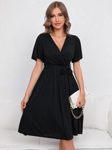 Surplice Neck Butterfly Sleeve Belted Dress - Black - View 4